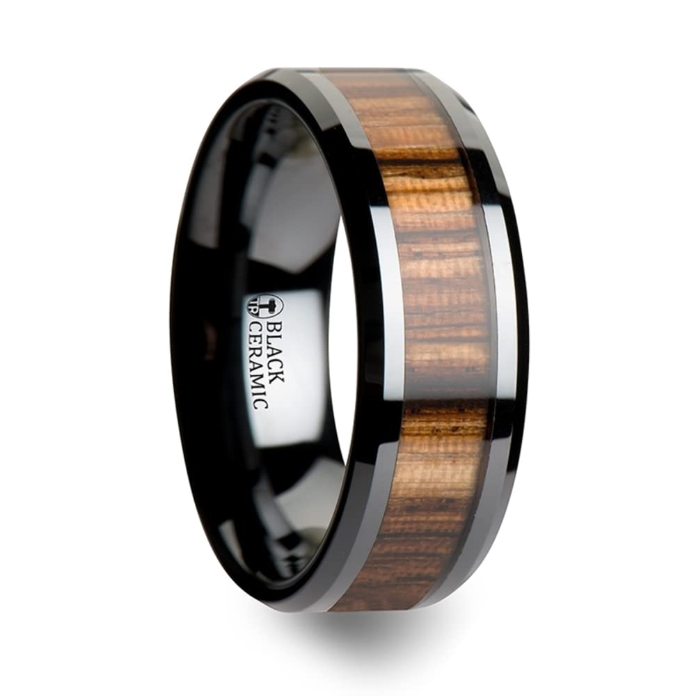 Mens Black Ceramic Real Zebra Wood Inlay Wedding Ring - Beveled Comfort Fit - 4mm 6mm 7mm 8mm 10mm Wide - Style name: ZEBRANO