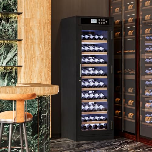Image of KEIKI Freestanding Wine Refrigerator with Wood Cabinet, 102 Bottle Single Zone Wine Cooler, Humidity Control Tempered Glass Door, LED Light Lockable Pull-Out Shelves, for Home Bar Kitchen, Black