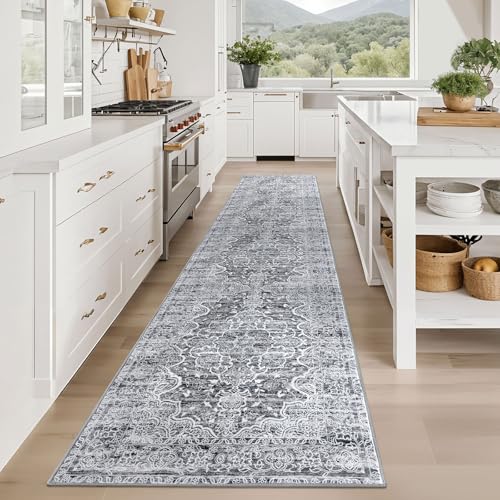 KUTA Vintage Washable Runner Rug 2.6x12, Non-Slip Hallway Kitchen Runners Grey White with Rubber Backing, Soft Printed Modern Medallion Extra Long 12ft Carpet Rugs Indoor for Bedroom