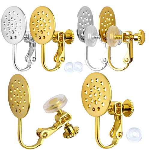 Clip On Earring Findings, 12Pcs Screw Type Earring Clips Components With 12Mm Blank Mesh Pad Base And 12Pcs Silicon Earring Cushion For None Pierced Ears #TOP15
