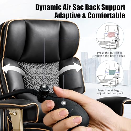 Image of Big Tall Executive Office Chair 500lbs, Comfortable PU Leather Desk Chair with Footrest Adjustable Air Back Support, Lumbar Massage Function, 360Swivel, Tilt Recline,Height Adjustment,Black