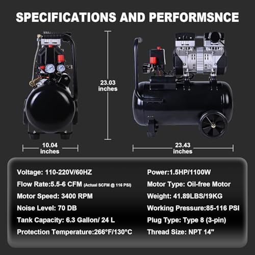AAIN 6.3 Gallon Air Compressor | 1.5 HP 5.5-6 CFM Displacement Oil-Free Electric Compressor Tank with Max. 116PSI Pressure | 70dB Ultra Quiet for Tire Inflation, Air Blowing, Woodwork Nailing