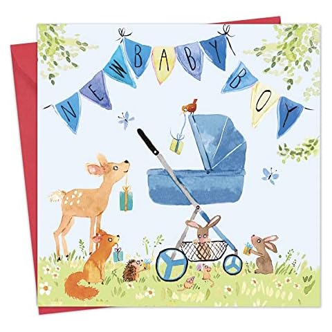 Twizler New Baby Boy Card with Woodland Animals - Blue New Baby Card Boy - Cute Newborn Baby Shower Card Boy - New Parents Card Boy - Congratulations New Baby Boy Card Cover