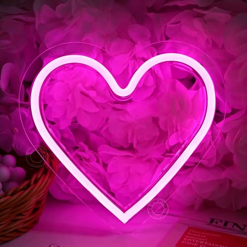 Image of SYLHOME Pink Heart Led Neon Light Sign Battery Operated or USB Powered Bedroom Wedding Wall Sign Decor Valentines Day Birthday Anniversary Sign USB 7.87 inch X 7.28 inch