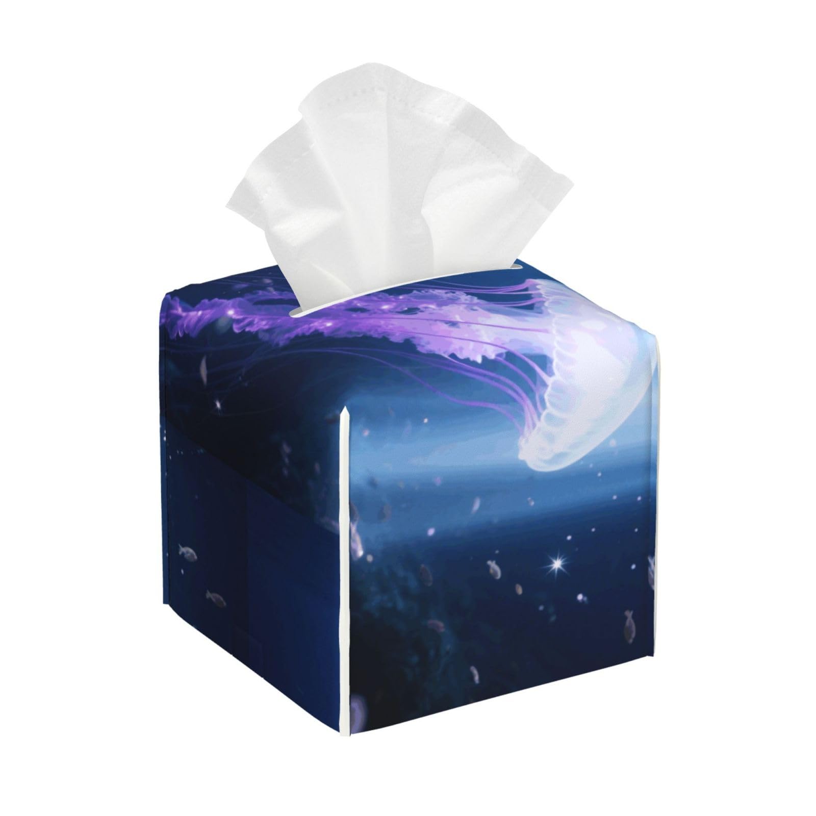 Pu Leather Cube Tissue Box Holders Modern Waterproof Square Tissue Box Cover Beautiful Jellyfish Facial Paper Holder for Bathroom Kitchen Nightstand Office Home Decor