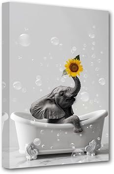 PBXBJY Elephant Bathroom Wall Art Funny Animal Canvas Print Elephant in the Bathtub Picture Black and White Animals Poster Restroom Toilet Decor Frame 20.00" x 30.00"