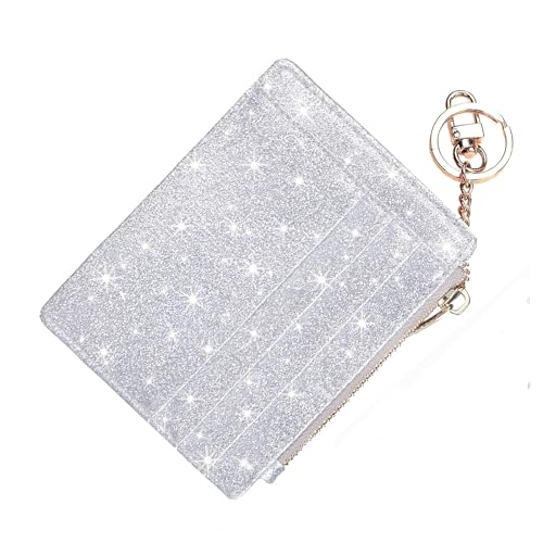 Image of Womens Slim RFID Credit Card Holder Mini Front Pocket Wallet Coin Purse Keychain (Star Sliver)