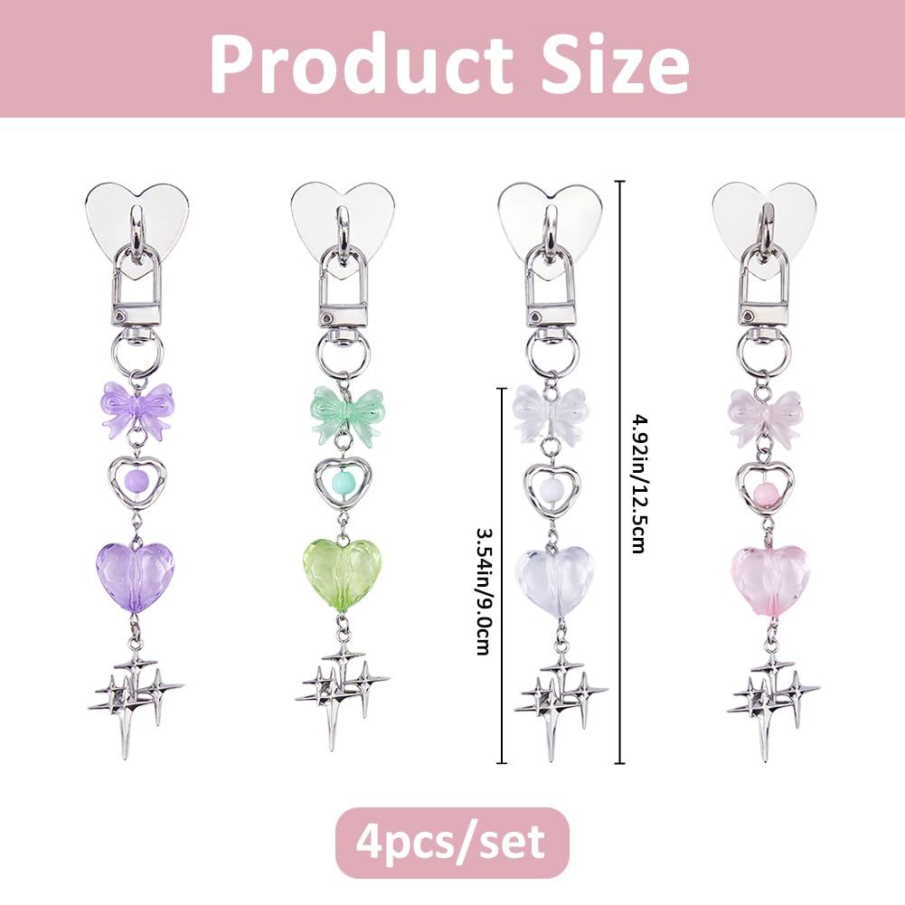 SUPERFINDINGS 4 Pièces Charme de Téléphone en Acrylique Chaîne de 12,5 cm Breloques Mignonnes pour Kindle Cœur Noeud Papillon Étoile Pendentif de Téléphone avec Fermoir à Pivot en Alliage