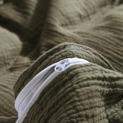 Image of mixinni Olive Green Waffle Weave Duvet Cover Set King, 3-Piece 100% Natural Washed Cotton Triple-Layer Gauze Solid Bedding Set, Soft Breathable Minimalist Comforter Cover with Zipper & Ties-King