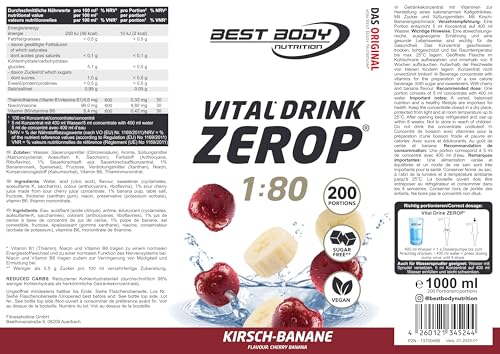 Best Body Nutrition Vital Drink ZEROP® - Kirsch-Banane, Original Getränkekonzentrat - Sirup - zuckerfrei, 1:80 ergibt 80 Liter Fertiggetränk, 1000 ml