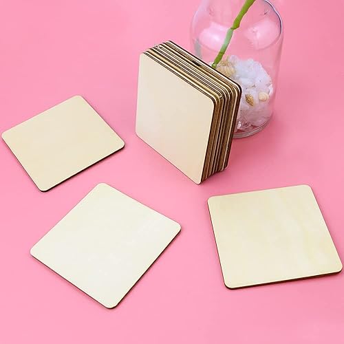 Miniatura 5 de TKOnline 100 piezas de madera sin terminar, 3 x 3 pulgadas, madera natural en blanco, cuadradas, rebanadas de madera para manualidades, pintura,