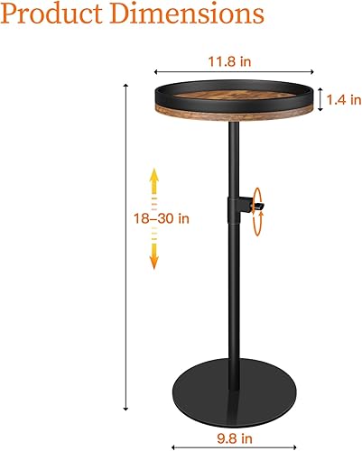 Miniatura 3 de Mesa de bebidas, pequeña mesa auxiliar redonda de altura ajustable con base de metal pesada, mesa de pedestal para espacios pequeños, mesa de acento