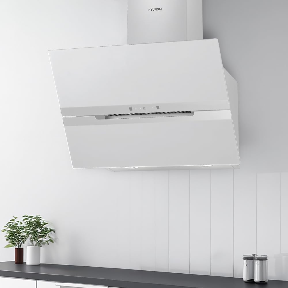 Hyundai Campana Extractora Decorativa Inclinada 70cm, Cristal Blanco, HCDE70DCW00. Potencia 831m3/h, 3 Velocidades, 2 Filtros, 64 dB Nivel Sonoro, Control Táctil, Filtros aptos para Lavavajillas