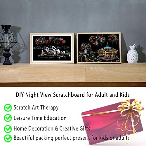 Scratch & Scratchboard Art Paper for Kids & Adults, Rainbow Painting Night View Creative Gift, 8 Sheets A4 Scratch Cards with 4pcs Scratch Drawing Tools