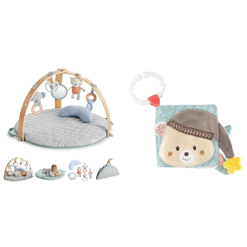 Ingenuity, Cozy Spot Loamy Spielmatte mit Spielbogen aus Holz & Fehn Soft Bilderbuch Bruno – Baby Fühlbuch aus Stoff mit Tier Motiven - Stoffbuch Spielzeug zum Aufhängen für Kinderwagen und Babyschale