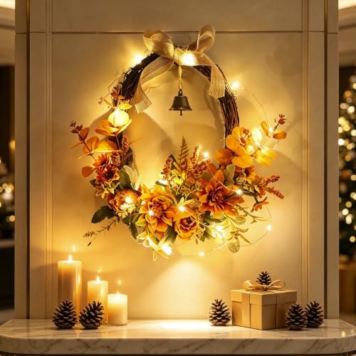 Harvest Fall Wreath for Front Door with Led Lights, Farmhouse Fall Decor, - image 1