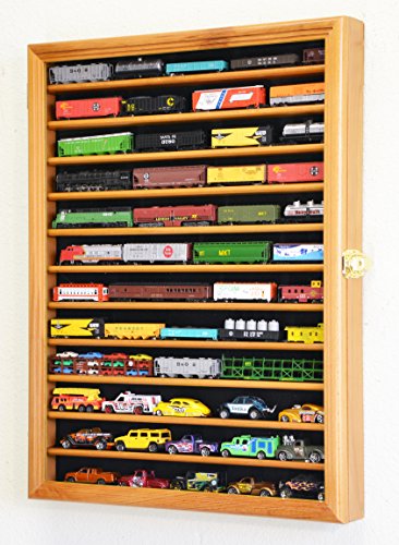 sfDisplay.com,LLC. 12 Shelves N Scale Train Model Trains Display Case Cabinet Wall Rack w/ 98% UV Lockable (Oak Finish)