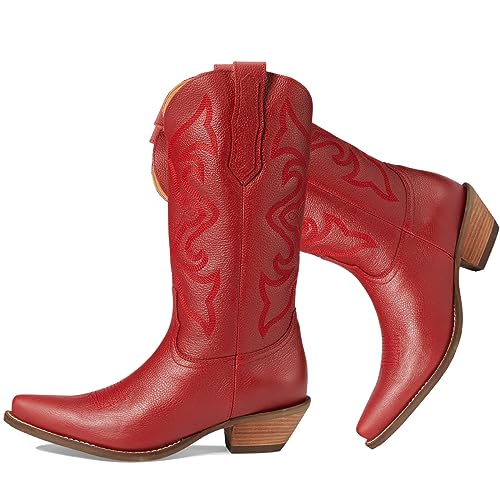Image of LEHOOR Cowboy Boots Women Embroidered Mid Calf Western Boots Stacked Low Heel Pointed Toe Pull On Cowgirl Boot 4-11 M US