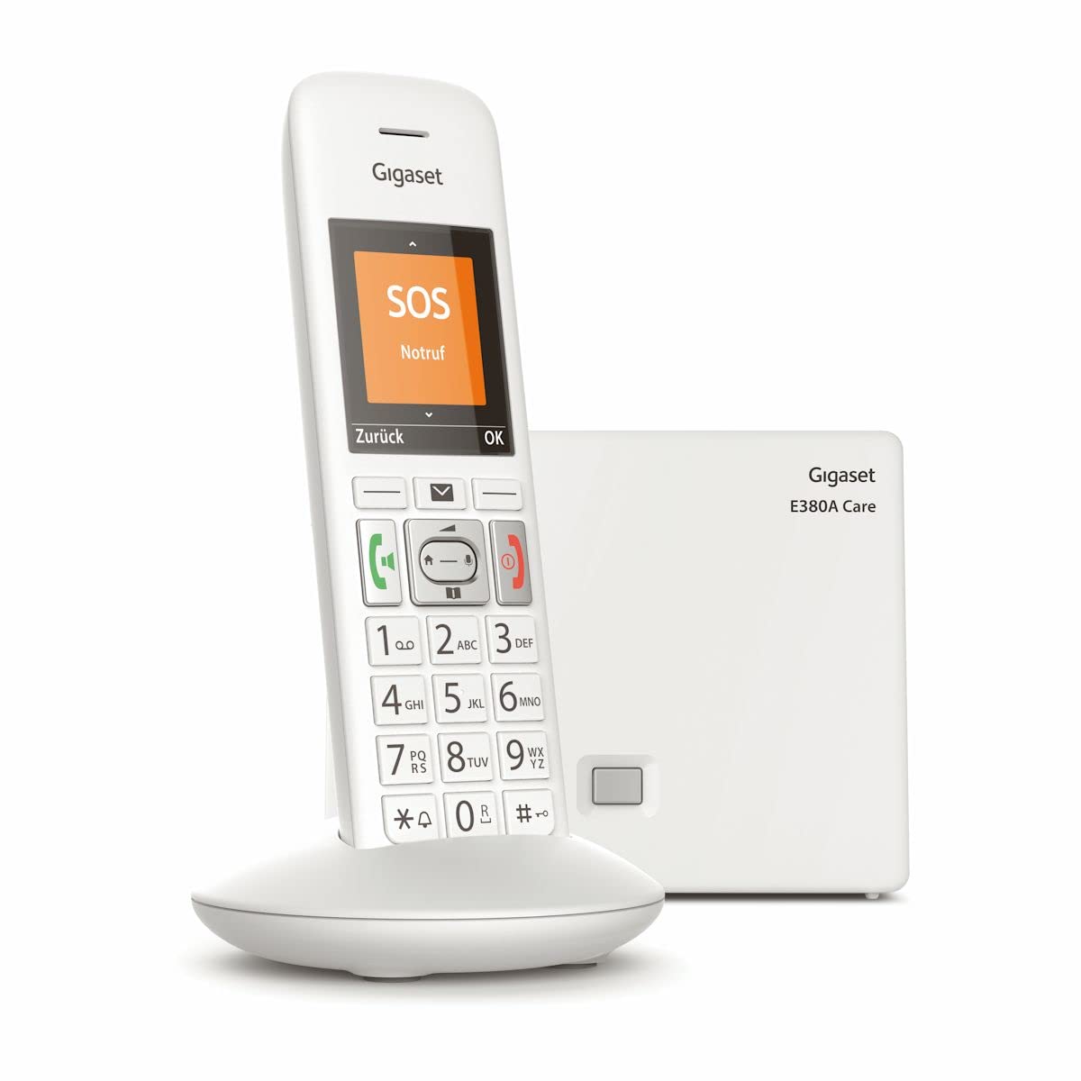 Gigaset Gigaset Smart Care + Telefon - Hausnotruf für alleinlebende und Senioren - intelligentes Benachrichtigungssystem mit Notruf, SOS Kettenanruf, Smart-Care mit inkl E380A DECT-Telefon, weiß
