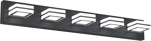 Ralbay Moderna luz LED negra para tocador, 5 luces, luces LED modernas para tocador de baño, espejo largo, acrílico, arriba y abajo, negro mate,