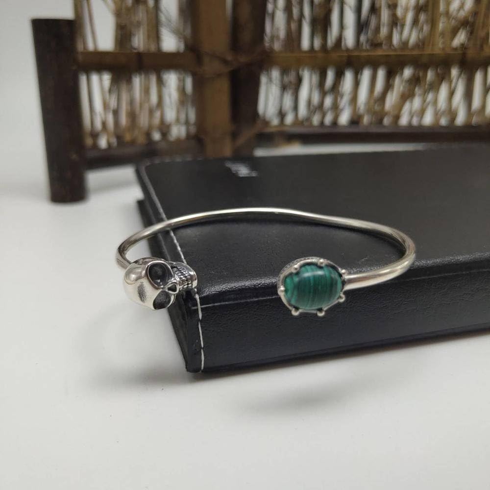 Brazalete S925 Plata Esterlina Retro Pulsera Ajustable Hombre Cráneo Malaquita Pulsera Mujer Mano Joyería Moda Personas Simple Cien con