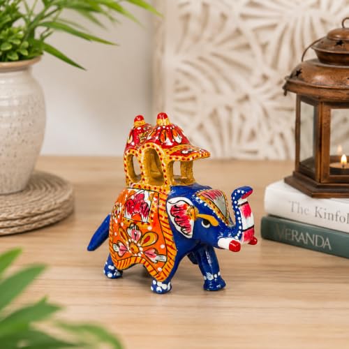 Image of eCraftIndia Handcrafted Elephant Ambari Decorative Showpiece for Home Decor | Traditional Rajasthani Hand-Painted Elephant Figurine with Howdah | Tabletop & Living Room Decoration