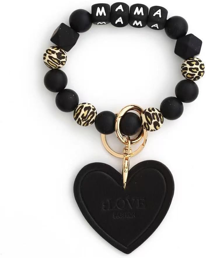 JNEWIN Silicone Beaded Mama Wristlet Keychain - Heart Charm Bracelet for Women, Mom Gifts, Large Car Key Ring