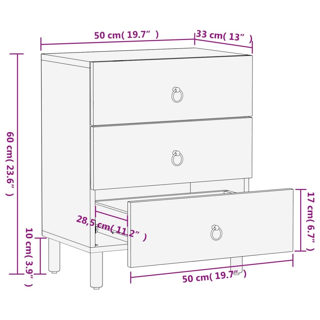 Table de chevet en bois de manguier massif 50 x 33 x 60 cm avec 3 tiroirs, pieds en fer, motif floral sculpté à la main, étagère et espace de rangement pour chambre à coucher, couloir ou