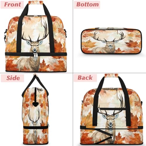 Travel Duffel Bags Autumn Maple Leaf Deer Foldable Weekender Bags for Women with Shoes Compartment Waterproof & Tear Resistant Carry on Overnight Luggage Duffel Bag Shoulder Sports Tote Bag3