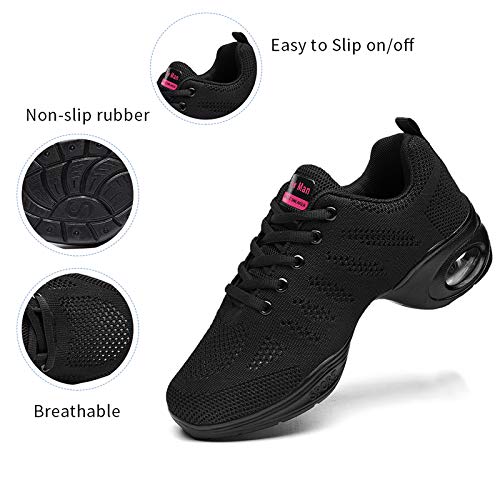 Women's Jazz Shoes Lace-Up Sneakers - Breathable Air Cushion Lady Split Sole Athletic Walking Dance Shoes Platform Black,7 #TOP2