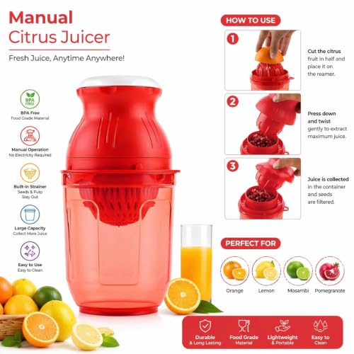 Image of Premium Manual Citrus Juicer with Strainer | Lemon Squeezer & Orange Juicer | Hand Press Juicer with Seed Separator & Juice Collector Bowl | Easy to Use Kitchen Tool (Red)