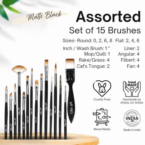 Image of Like it Artist Premium Handmade Professional Mix Painting Brush Set for Acrylic, Watercolor, & Gouache Painting (15 Brushes + 1 Free mop Paintbrush) (Wood), Synthetic Bristle with Brush Holder