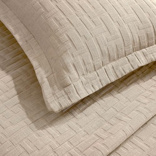 Superior 3 Piece Cotton Bedspread and Sham Set, Home Bed Decor, Decorative Bed Spread, 2 Pillow Shams, Medium Weight, Geometric Matelasse Coverlet, Bedding Essentials, Madrid Collection, Full, Beige