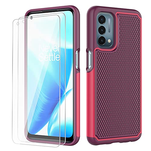 NTZW OnePlus Nord N200 5G Case: Heavy Duty Shockproof Protective Phone Case [2 Tempered Glass Screen Protector] Anti-Slip Textured Hard Cover + Soft Silicone Bumper, Military Armor Case - Burgundy