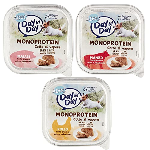 ADOC - Day by Day Dog Cane Paté MIX 3 MONOPROTEIN con Manzo Maiale e Pollo - 24 Vaschette da 100gr