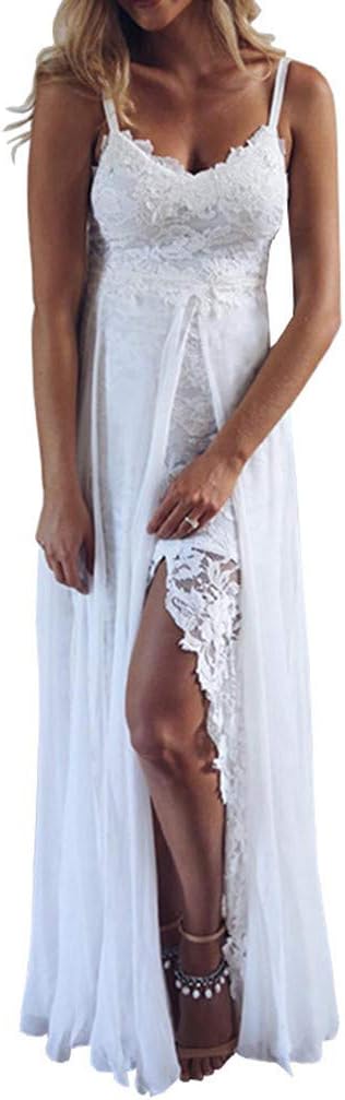 Bokeley Womens Sling V-Neck Long Dress,Ladies Sexy Lace Splitting Irregular Sundress Beach Party Wedding Dress