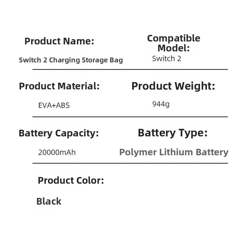 ZYWUOY Custodia di ricarica wireless per Switch 2, batteria da 20000 mAh, scatola di immagazzinaggio in EVA con ricarica rapida da 30 W, display digitale, organizer da viaggio nero