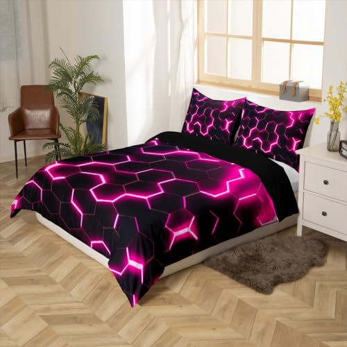 Homewish Geometric King Size Duvet Cover Sets Rose Red Honeycomb Bedding Sets for Boys Girls Beehive Simplistic Comforter Cover Modern Neon Gradient Quilt Cover - Image 3