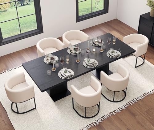 Image of HNY Mid Century Modern Upholstered Barrel Dining Chairs with Arms Set of 6, Linen Kitchen & Dining Room Chairs, 18.5 inch Wide Accent Chairs for Dining Room Living Room with Black Metal Frame, Cream