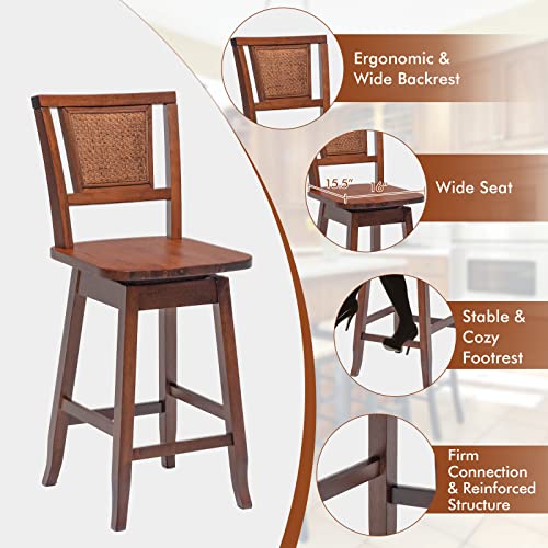 Costway Bar Stools Set Of 4, 24.5 Inch Counter Height Bar Stool With Rattan Back, 360°Swivel Seat, Comfortable Footrests, Rubber Wood Bar Stools For Kitchen Island, Dining Room, Cafe, Pub (4) #TOP6