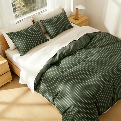 Image of Striped Duvet Cover Twin Size Olive Green Stripes Reversible Bedding Set Vertical Ticking Stripes Soft Breathable Microfiber Comforter Cover Set with Zipper Closure and 1 Pillowcase