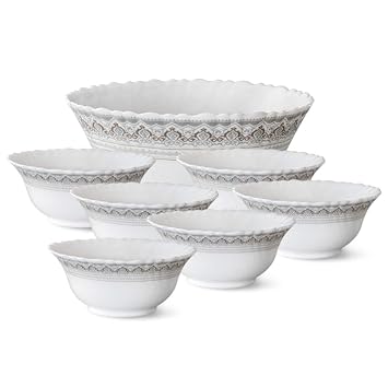 Larah by Borosil Classic Fluted Series Opalware 7 Pcs Pudding Set | Microwave & Dishwasher Safe | Bone-Ash Free | Crockery Set For Dining & Gifting | Bowls Set | White