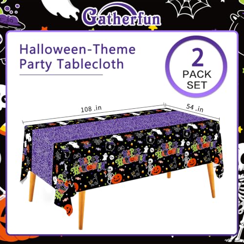 Image of 2 Pack Halloween Tablecloth, 54 x 108 Inch Disposable Plastic Table Cover, Purple Halloween Party Decorations for Halloween Decor Party Supplies