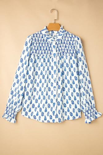 Women's Sky Blue Boho Floral Printed Lantern Sleeve Frilled Neck Shirred Shirt3