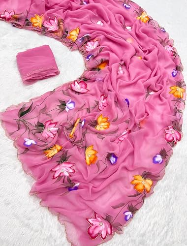 Image of Arkia Women's Floral Hand Embroidered Hand Painted Saree with Blouse Piece