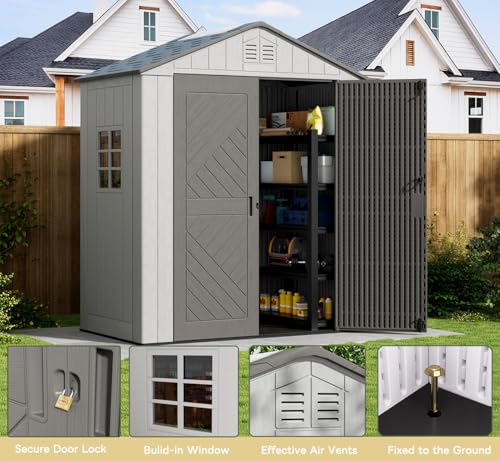 Image of KINYING 6x4 FT Outdoor Storage Shed,Resin Clearance Outdoor Sheds with Floor,Weather Resistant Garden Tool Shed for Lawn Mower /Bike Storage /Pool Supplies,Lockable