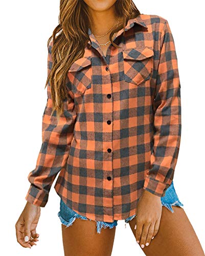 Oyamiki Womens Casual Cuffed Long Sleeve Boyfriend Button Down Plaid Flannel Shirt Tops Orange Oyamiki Womens Casual Cuffed Long Sleeve Boyfriend Button Down Plaid Flannel Shirt Tops Orange