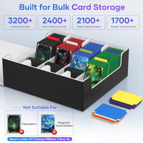 Image of Mlikero Trading Card Storage Box, Bulk Card Storage for 2400+ Sleeved Cards, PU Leather Magnetic Closure Card Organizer with 10 Dividers & 4 Foam Stoppers, Fit for MTG, TCG and Sports Cards