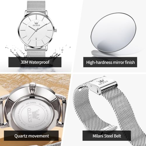 Image of OLEVS Men Leather Watches Black Ultra Thin 6.5mm Minimalist Dress Fashion Simple Casual Waterproof Date Watch for Men
