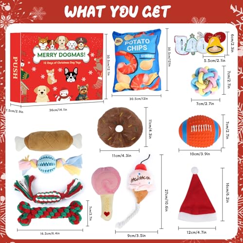 ANOTION 12 Tage Weihnachtshundspielzeug Adventskalender 2025 – Interaktives Quietschendes Hundespielzeug Set, Aggressive Kauer, Beinhaltet Kauspielzeug, Seile, Bälle und mehr